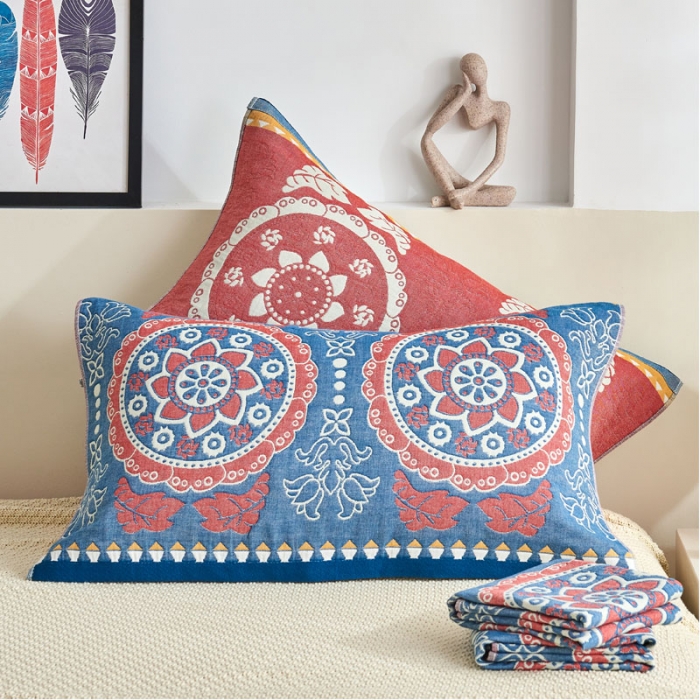 91家纺网 家纺一手货源 找家纺 朴尔 2022年民族风彩棉系列四层纱布枕巾 太阳花兰