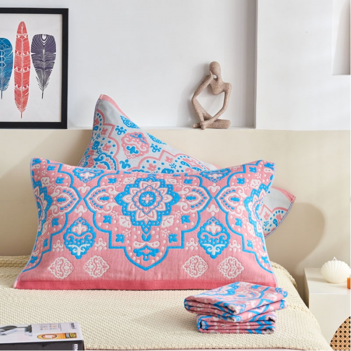 91家纺网 家纺一手货源 找家纺 朴尔 2022年民族风彩棉系列四层纱布枕巾 普罗旺斯-粉