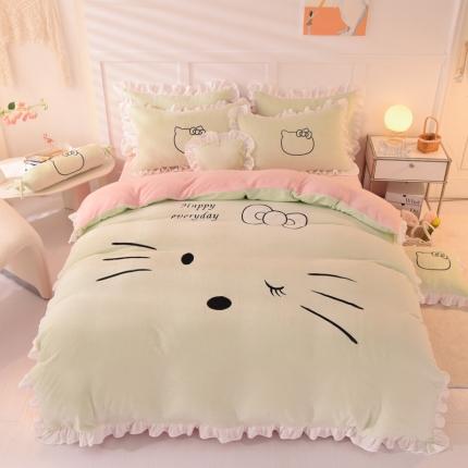 91家纺网 家纺一手货源 找家纺 绒世界2022新款高端牛奶绒卡通刺绣四件套 美美猫-抹茶拼粉