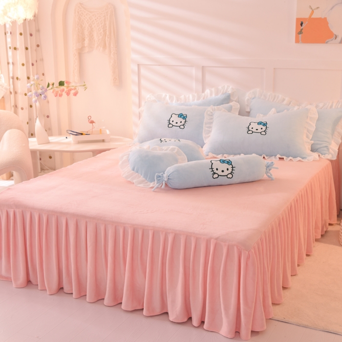 91家纺网 家纺一手货源 找家纺 绒世界2022新款高端牛奶绒卡通刺绣四件套 kiss猫-蓝粉