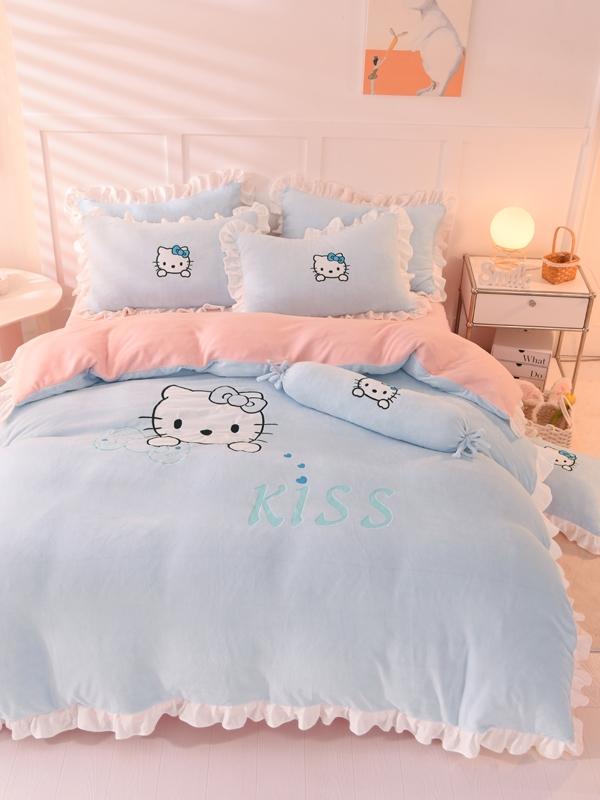 91家纺网 家纺一手货源 找家纺 绒世界2022新款高端牛奶绒卡通刺绣四件套 kiss猫-蓝粉