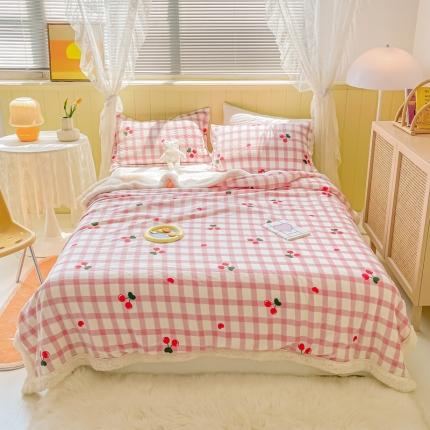 91家纺网 家纺一手货源 找家纺 沐慕  2022新款牛奶绒拼羊羔绒毛毯 小樱桃