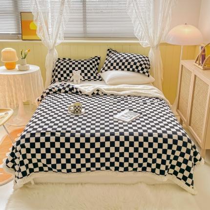 沐慕  2022新款牛奶绒拼羊羔绒毛毯 黑白格