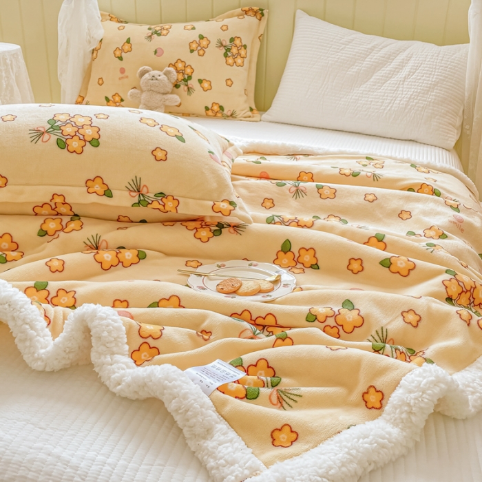 91家纺网 家纺一手货源 找家纺 沐慕  2022新款牛奶绒拼羊羔绒毛毯 花儿朵朵