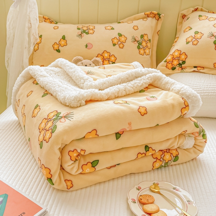 91家纺网 家纺一手货源 找家纺 沐慕  2022新款牛奶绒拼羊羔绒毛毯 花儿朵朵