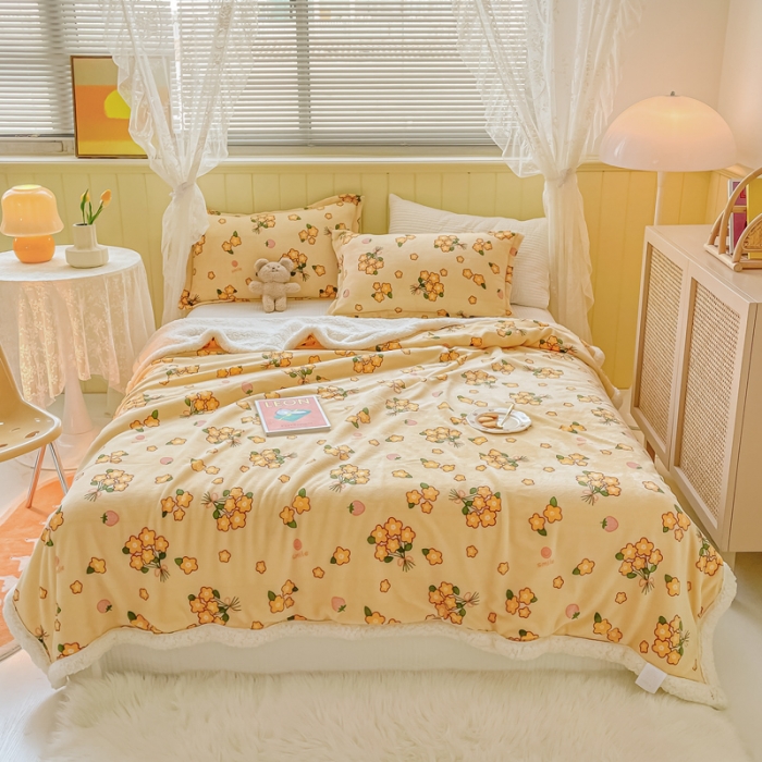 91家纺网 家纺一手货源 找家纺 沐慕  2022新款牛奶绒拼羊羔绒毛毯 花儿朵朵