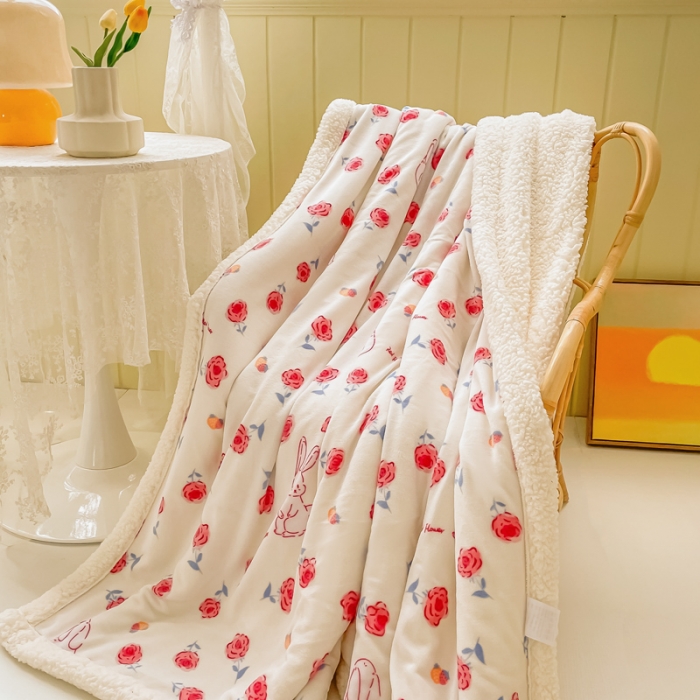 91家纺网 家纺一手货源 找家纺 沐慕  2022新款牛奶绒拼羊羔绒毛毯 玫瑰小兔