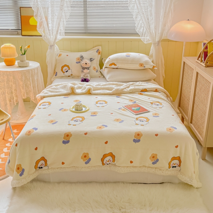 91家纺网 家纺一手货源 找家纺 沐慕  2022新款牛奶绒拼羊羔绒毛毯 萌萌鸭