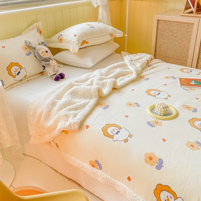 91家纺网 家纺一手货源 找家纺 沐慕  2022新款牛奶绒拼羊羔绒毛毯 萌萌鸭