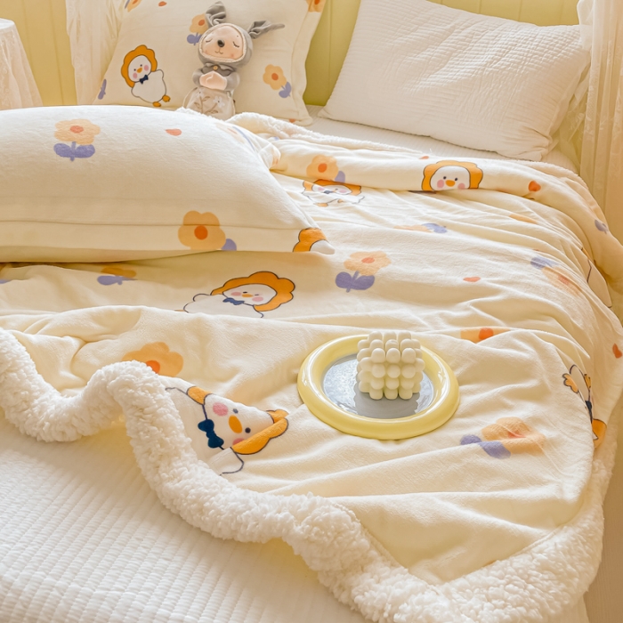 91家纺网 家纺一手货源 找家纺 沐慕  2022新款牛奶绒拼羊羔绒毛毯 萌萌鸭