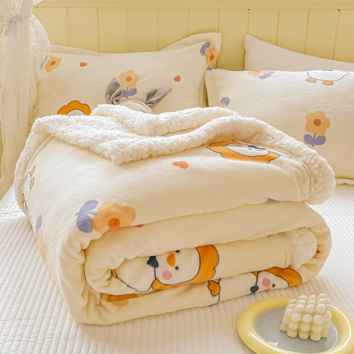 91家纺网 家纺一手货源 找家纺 沐慕  2022新款牛奶绒拼羊羔绒毛毯 萌萌鸭