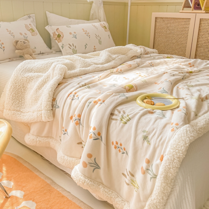 91家纺网 家纺一手货源 找家纺 沐慕  2022新款牛奶绒拼羊羔绒毛毯 田园松鼠