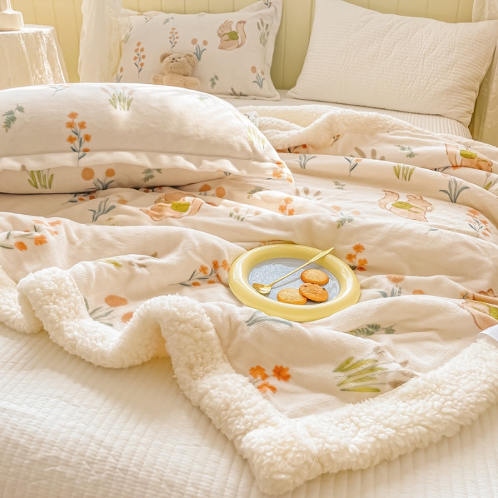 91家纺网 家纺一手货源 找家纺 沐慕  2022新款牛奶绒拼羊羔绒毛毯 田园松鼠