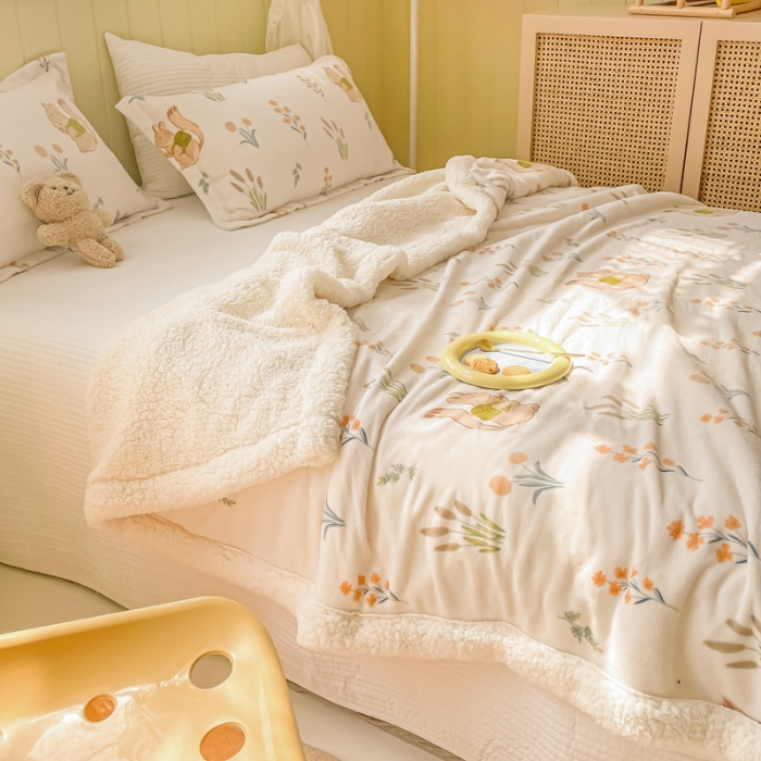 91家纺网 家纺一手货源 找家纺 沐慕  2022新款牛奶绒拼羊羔绒毛毯 田园松鼠