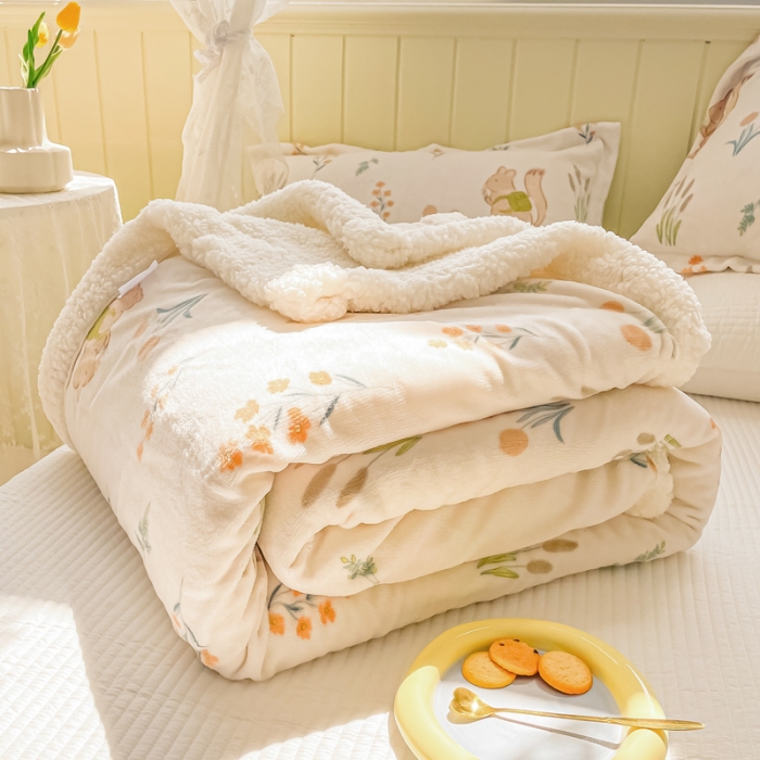 91家纺网 家纺一手货源 找家纺 沐慕  2022新款牛奶绒拼羊羔绒毛毯 田园松鼠