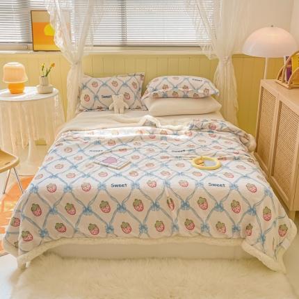 沐慕  2022新款牛奶绒拼羊羔绒毛毯 甜心草莓