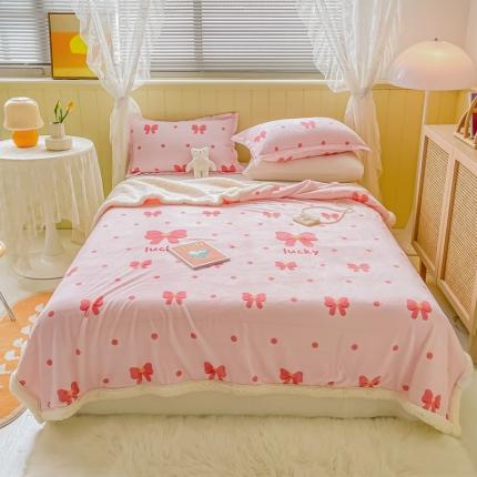 沐慕  2022新款牛奶绒拼羊羔绒毛毯 幸运蝴蝶结