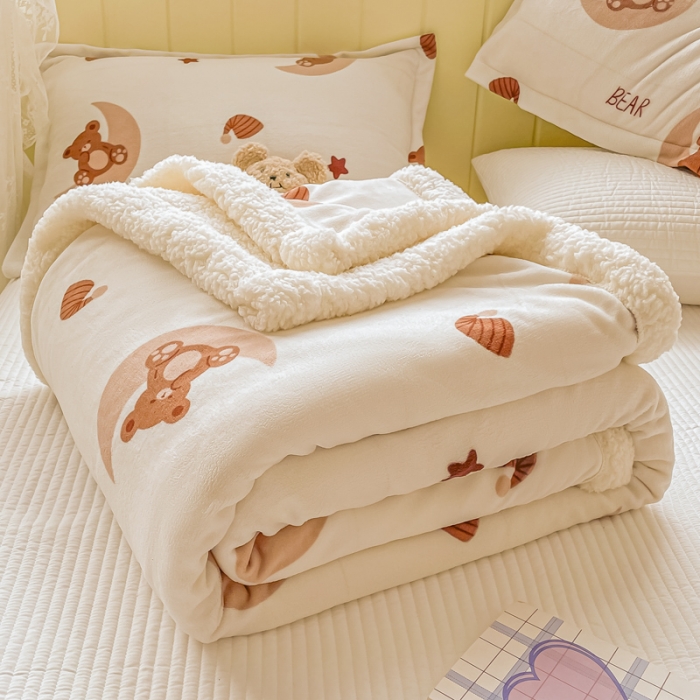 91家纺网 家纺一手货源 找家纺 沐慕  2022新款牛奶绒拼羊羔绒毛毯 月亮船