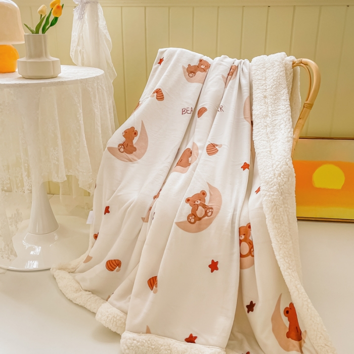 91家纺网 家纺一手货源 找家纺 沐慕  2022新款牛奶绒拼羊羔绒毛毯 月亮船