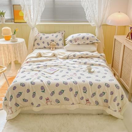 沐慕  2022新款牛奶绒拼羊羔绒毛毯 紫系小兔