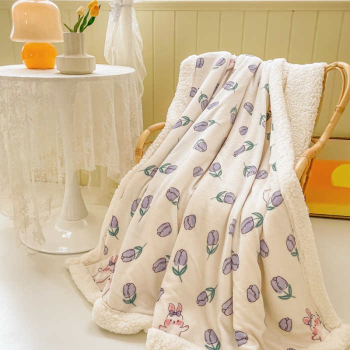 91家纺网 家纺一手货源 找家纺 沐慕  2022新款牛奶绒拼羊羔绒毛毯 紫系小兔