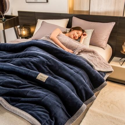 91家纺网 家纺一手货源 找家纺 慕木 2025新款三层牛奶绒夹棉毛毯被 深蓝+羊羔绒+灰