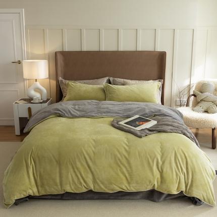 91家纺网 家纺一手货源 找家纺 万盛家纺2025新款德芙绒牛奶绒法莱双拼四件套抹茶-咖灰双拼