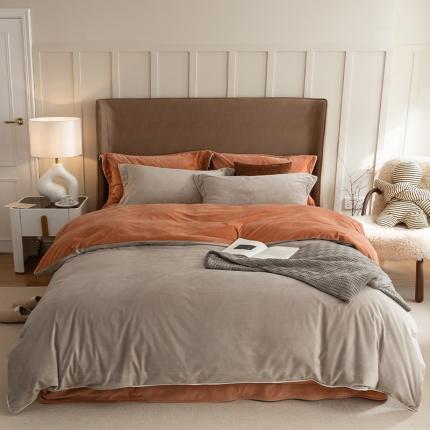 91家纺网 家纺一手货源 找家纺 万盛家纺2025新款德芙绒牛奶绒法莱双拼四件套砖红-米灰双拼