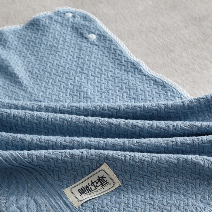 91家纺网 家纺一手货源 找家纺 朴尔 2022年半包卡扣式三层纱布魔术枕巾 半包纯色扭花-浅蓝