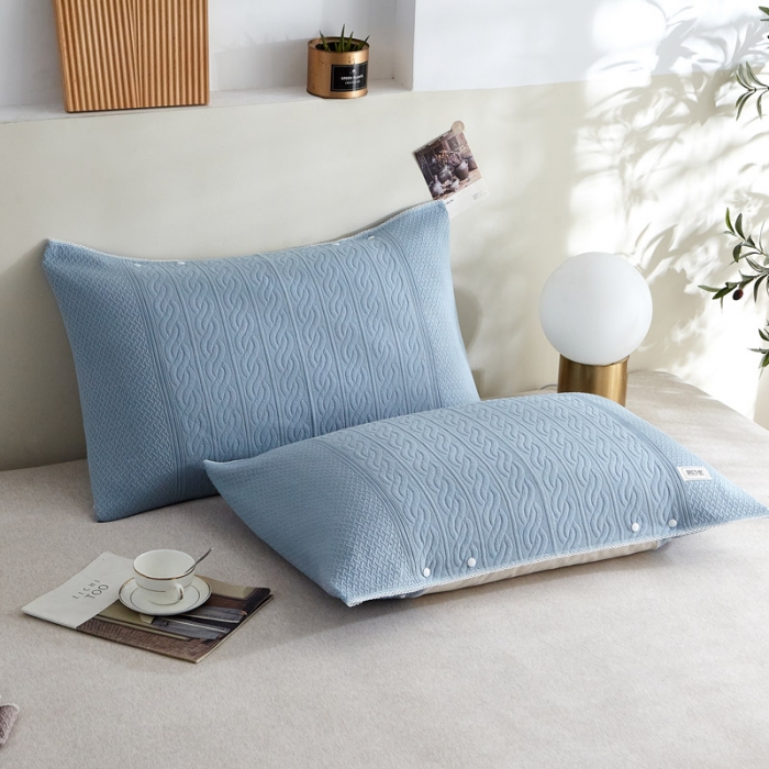 91家纺网 家纺一手货源 找家纺 朴尔 2022年半包卡扣式三层纱布魔术枕巾 半包纯色扭花-浅蓝