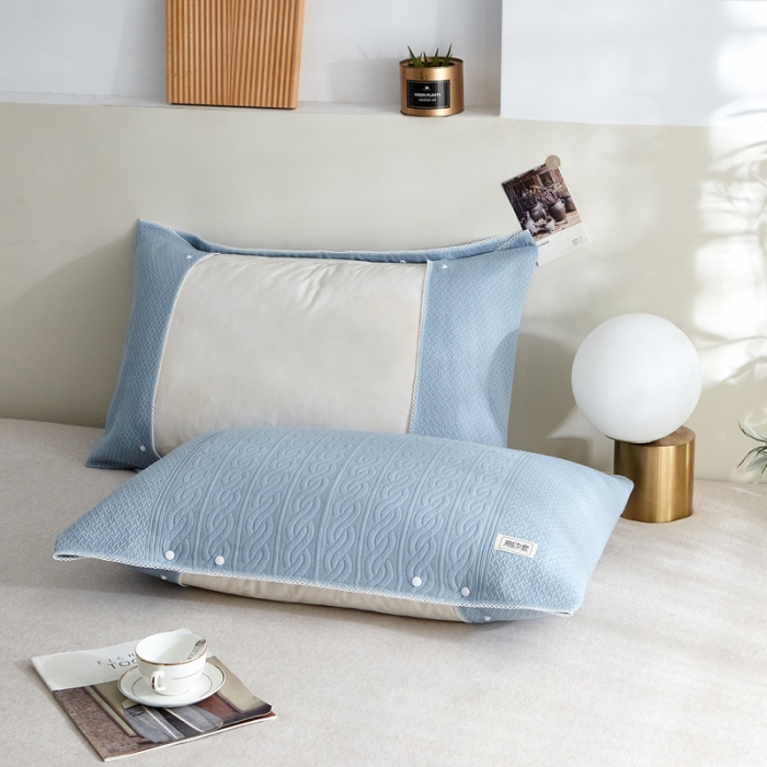 91家纺网 家纺一手货源 找家纺 朴尔 2022年半包卡扣式三层纱布魔术枕巾 半包纯色扭花-浅蓝