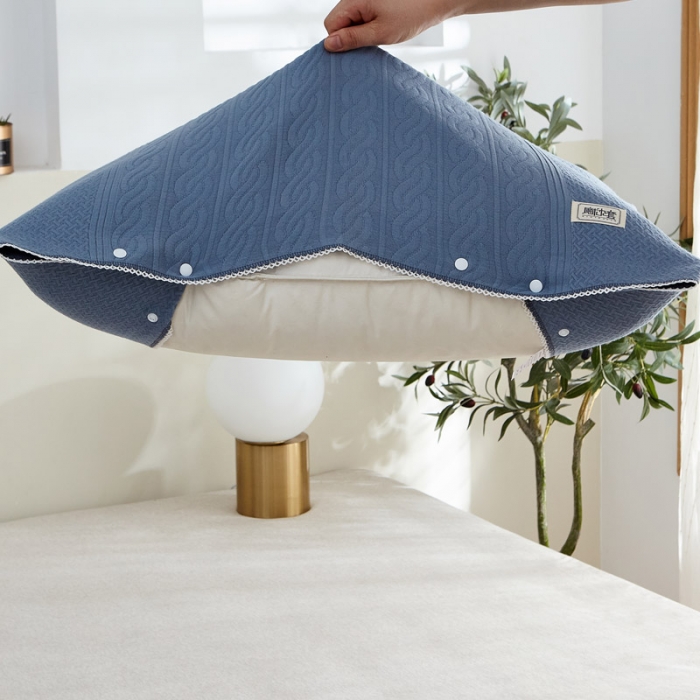 91家纺网 家纺一手货源 找家纺 朴尔 2022年半包卡扣式三层纱布魔术枕巾 半包纯色扭花-深蓝