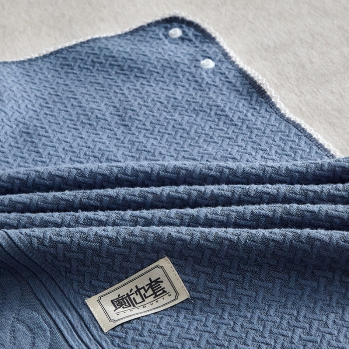 91家纺网 家纺一手货源 找家纺 朴尔 2022年半包卡扣式三层纱布魔术枕巾 半包纯色扭花-深蓝