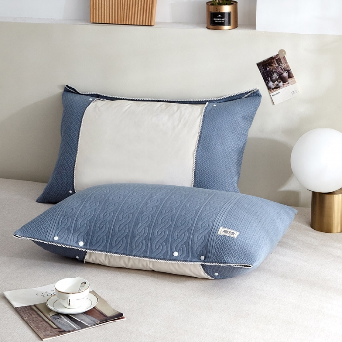 91家纺网 家纺一手货源 找家纺 朴尔 2022年半包卡扣式三层纱布魔术枕巾 半包纯色扭花-深蓝