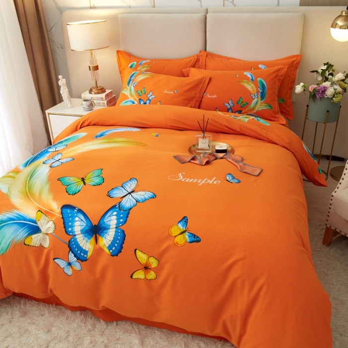 91家纺网 家纺一手货源 找家纺 金纱玉纺2022新款全棉生态大版磨毛四件套仙香花谷-桔