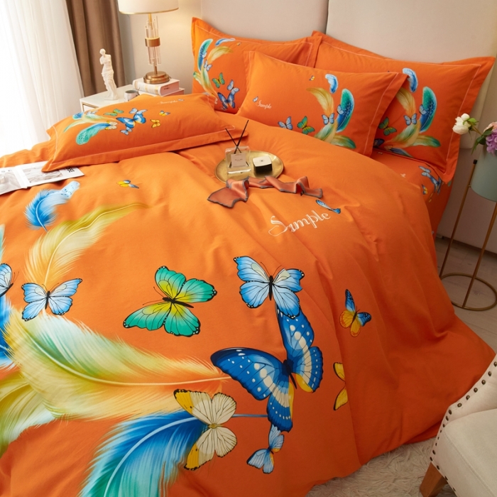 91家纺网 家纺一手货源 找家纺 金纱玉纺2022新款全棉生态大版磨毛四件套仙香花谷-桔