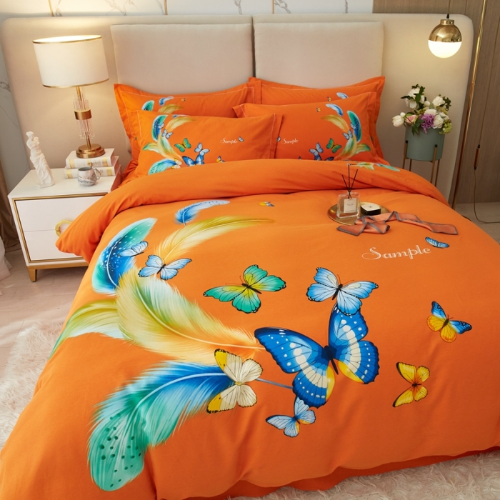 91家纺网 家纺一手货源 找家纺 金纱玉纺2022新款全棉生态大版磨毛四件套仙香花谷-桔