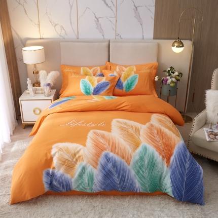 91家纺网 家纺一手货源 找家纺 金纱玉纺2022新款全棉生态大版磨毛四件套羽浪-桔