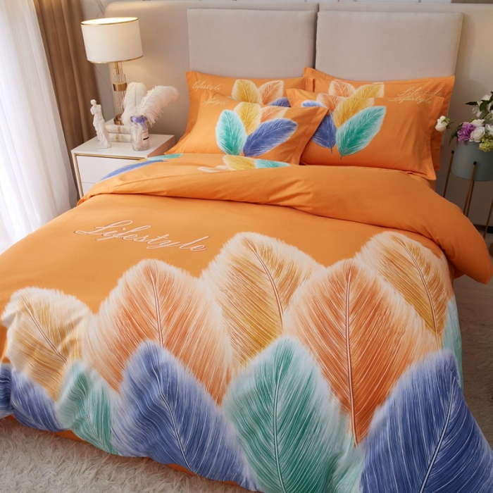 91家纺网 家纺一手货源 找家纺 金纱玉纺2022新款全棉生态大版磨毛四件套羽浪-桔