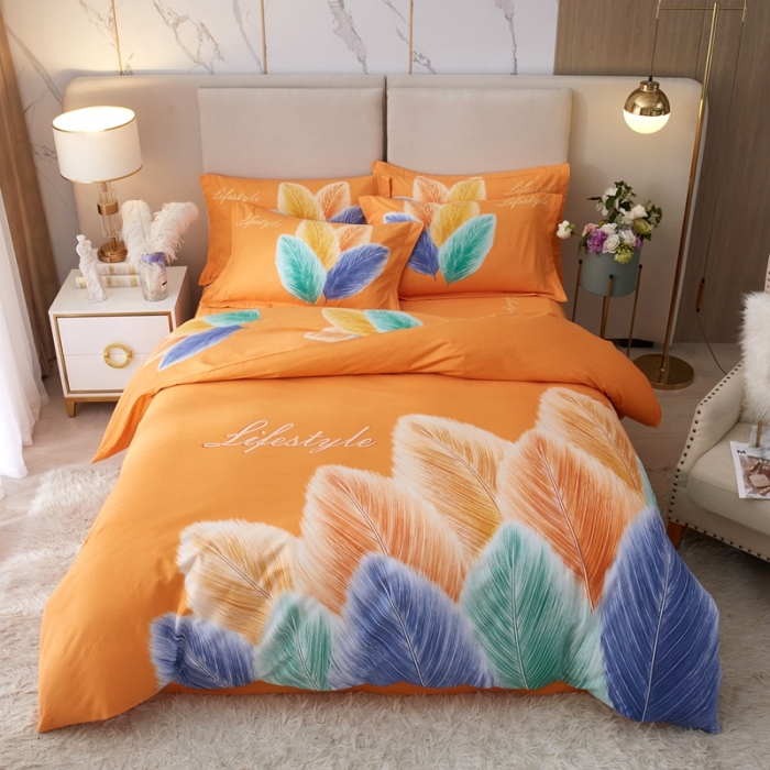 91家纺网 家纺一手货源 找家纺 金纱玉纺2022新款全棉生态大版磨毛四件套羽浪-桔