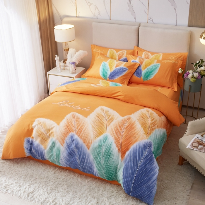 91家纺网 家纺一手货源 找家纺 金纱玉纺2022新款全棉生态大版磨毛四件套羽浪-桔