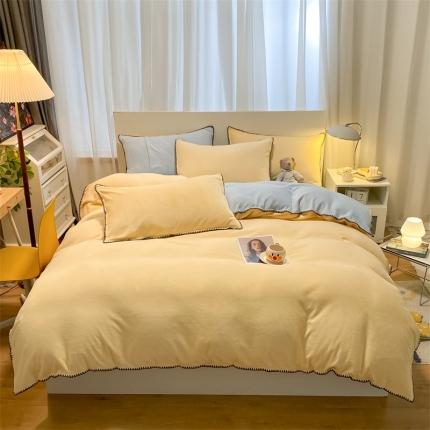 91家纺网 家纺一手货源 找家纺 眠帛家居 2022新款牛奶绒贝壳边四件套 奶黄-天空蓝