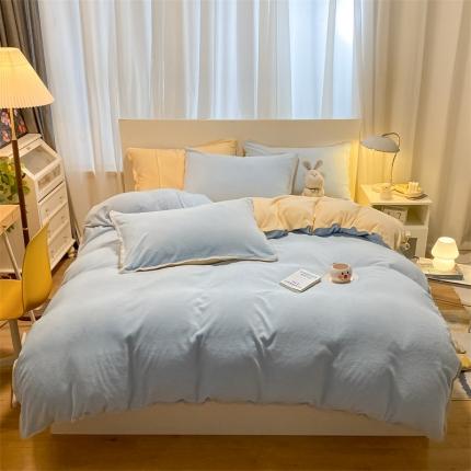 91家纺网 家纺一手货源 找家纺 眠帛家居 2022新款牛奶绒贝壳边四件套 天空蓝-奶黄