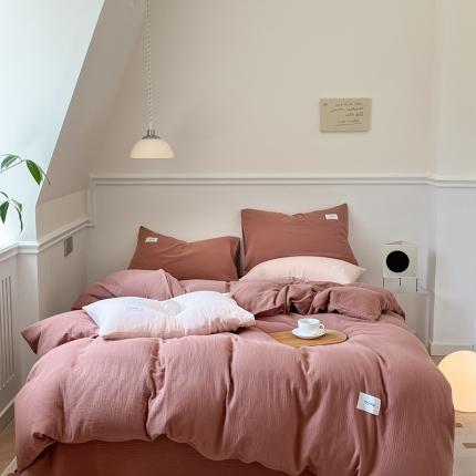 91家纺网 家纺一手货源 找家纺 山舍家居 2022新款双层纱布四件套茶卡