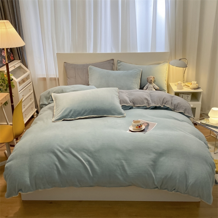 91家纺网 家纺一手货源 找家纺 眠帛家居 2022新款牛奶绒贝壳边四件套 繁星蓝-灰