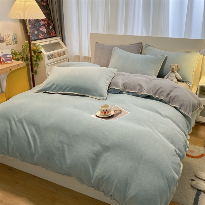 91家纺网 家纺一手货源 找家纺 眠帛家居 2022新款牛奶绒贝壳边四件套 繁星蓝-灰