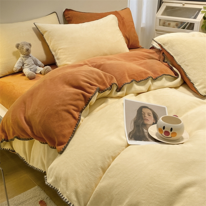 91家纺网 家纺一手货源 找家纺 眠帛家居 2022新款牛奶绒贝壳边四件套 奶黄-焦糖