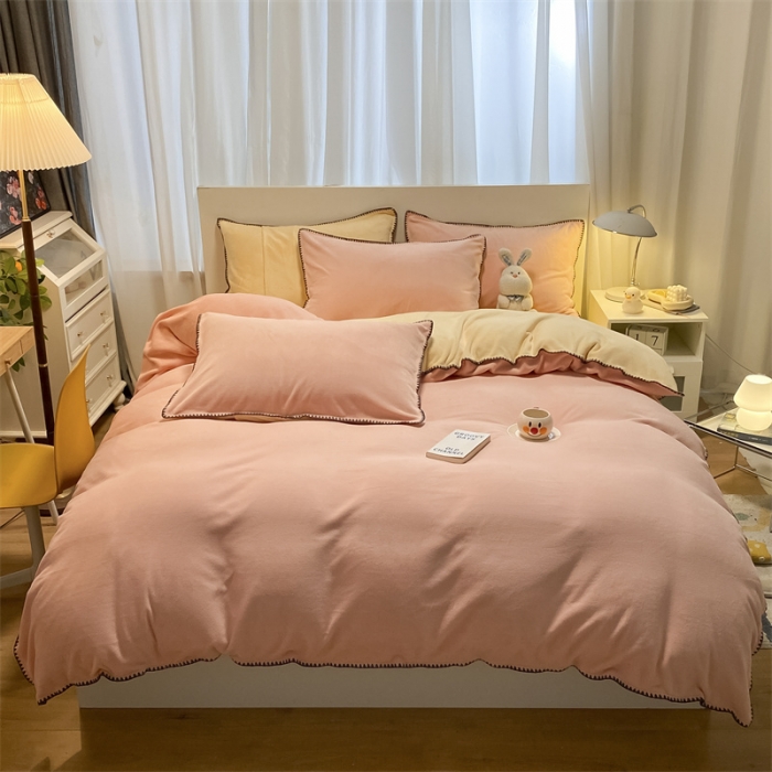 91家纺网 家纺一手货源 找家纺 眠帛家居 2022新款牛奶绒贝壳边四件套 奶油粉-奶黄