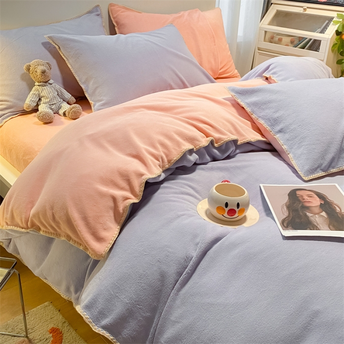 91家纺网 家纺一手货源 找家纺 眠帛家居 2022新款牛奶绒贝壳边四件套 浅紫-奶油粉