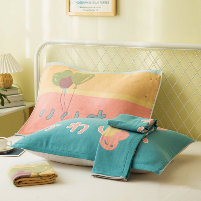 91家纺网 家纺一手货源 找家纺 朴尔 2022新款卡通风格全棉四层纱布枕巾（一对装） 气球-绿